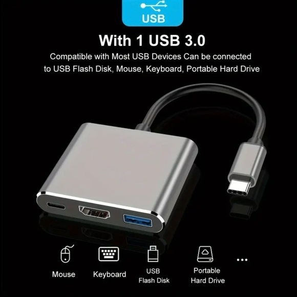 Brand New USB C 3-in-1 Hub Adapter 4K HDMI USB 3.0 PD Charging Multiport Dongle - Picture 2 of 10